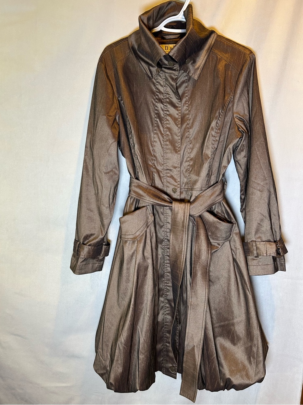 D&Y Metallic Bronze Bubble Hem Trench Coat Belted Jacket Size M